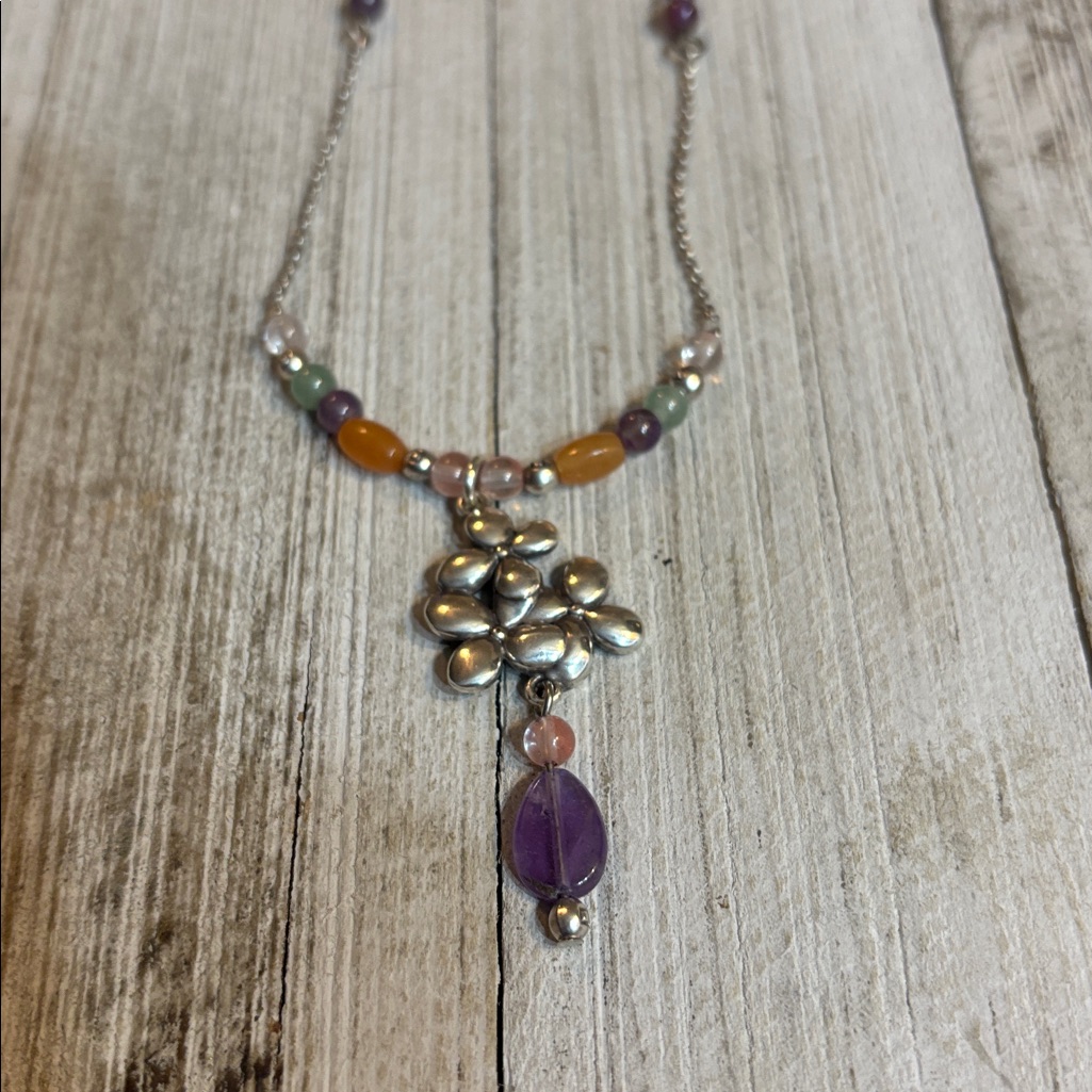 New Brighton Everbloom Silver Floral Pendant Necklace With Multicolor Beads